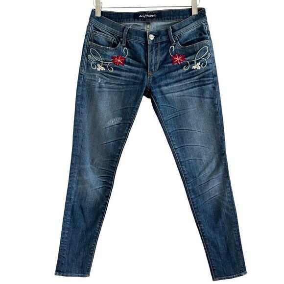 Driftwood Floral Embroidered Skinny Jeans 27 Low Rise Y2K Boho Hippie Grunge - Picture 1 of 13